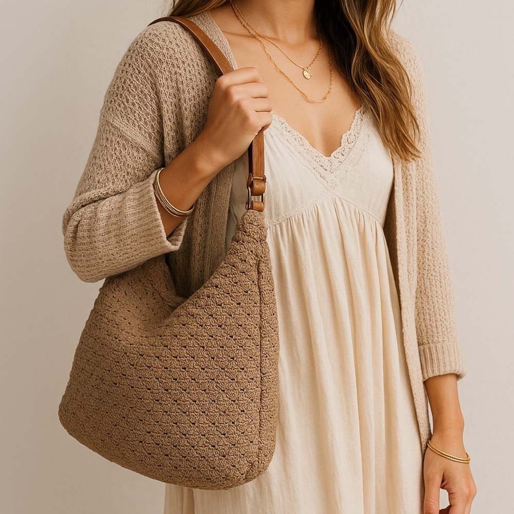 👜 Tan Woven Crochet Shoulder Bag with Faux Leather Strap